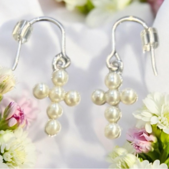 Cross Earrings Freshwater Pearl Sterling Silver Jewelry Dangle Wire Ivory White